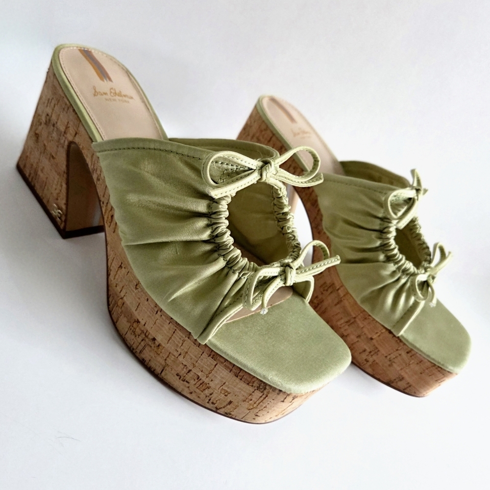 Sam Edelman Cork Platform Slip-On Sandals, Green Satin & Cork, EUC Size 9 - Picture 5 of 16